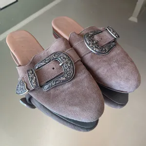 Free People Beige Champagne Suede Western Silver Buckle Slides thumbnail 1