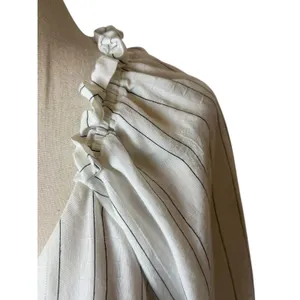 Maison Tara Midi Dress Womens 10 White Striped Excellent Ruffle Wrap V-Neck Puff thumbnail 7