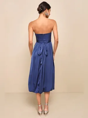 Lulus Lavish Elegance Navy Blue Satin Strapless Bubble-Hem Midi Dress, Size XS thumbnail 2