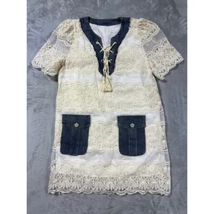 Boho Mini Dress Denim White Lace Crochet Cottagecore Western Large thumbnail 2
