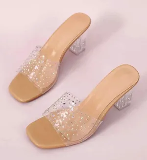 Beige Tan Neutral Rhinestone Block Heels Kitten Mules thumbnail 2