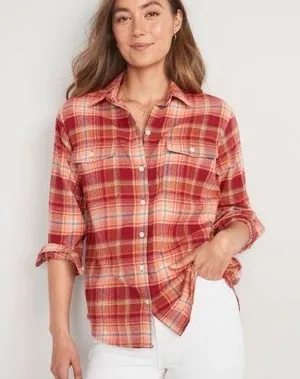 Old Navy Orange & Red Plaid Flannel Tunic The Boyfriend Shirt Size Medium thumbnail 1