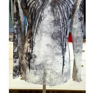 Rock & Republic Women's Fleur De Lis Gray Graphic Long Sleeve Mesh Top M thumbnail 6