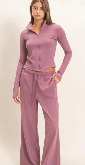 Dusty Mauve Plum Zip Up Top Wide Leg Pants Set Large thumbnail 1