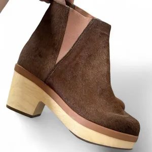 New Anthropologie The Odells Calf Hair clogs Brown Wooden platform heel clog thumbnail 1