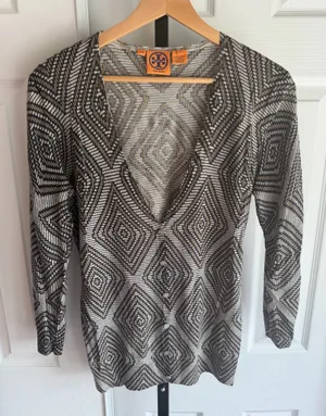 Tory Burch Button Up Cardigan Women's Geometric Sleeve Stretch 100% Wool Size:L thumbnail 1