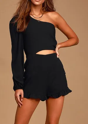 Lulu's Black One-Shoulder Cutout Ruffle Romper thumbnail 1