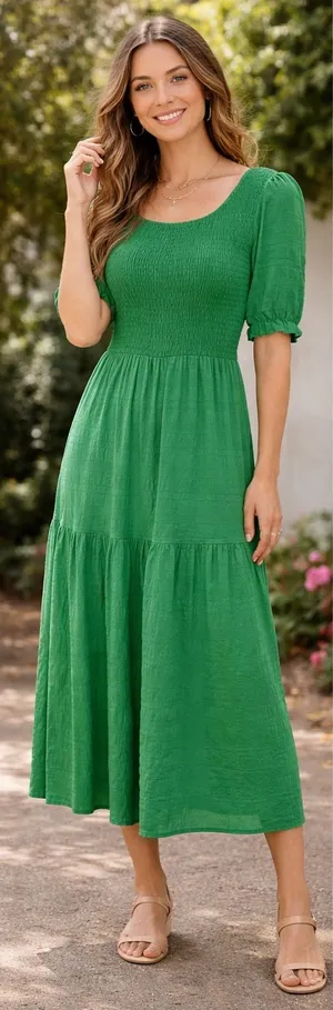 Boho Green Smocked Maxi Dress - Puff Sleeve Tiered Long Dress - Size S thumbnail 1