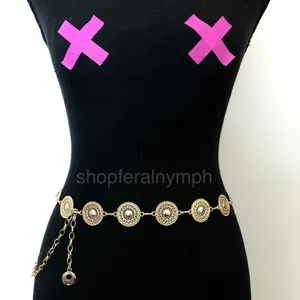 Gold Y2K Textured Round Medallion Boho Chain Belt, Fits 25-44.5 Inches, X7GA1247 thumbnail 2