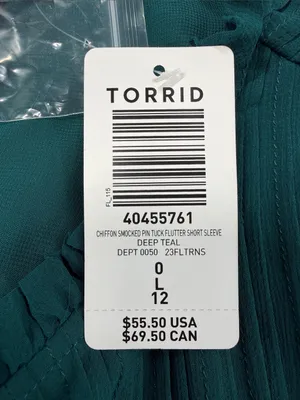 Torrid NWT Deep Teal Chiffon Smocked Pin Tuck Flutter Short Sleeve Blouse Top thumbnail 8
