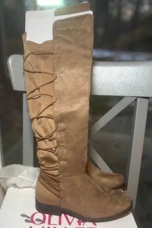 Light Brown Strappy Back Knee High Boots Tan Size 7.5 thumbnail 1