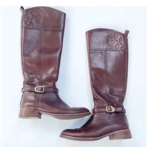 Tory Burch Marlene Riding Boots Brown Leather 9M Gold Buckle Equestrian Tall thumbnail 2