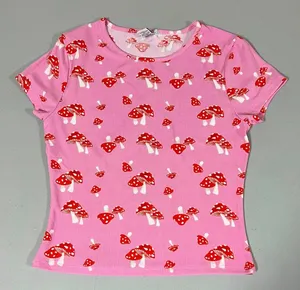 Pink Red Mushroom Fairycore Print Short Sleeve Tee T-Shirt Top Blouse Size S 🍄✨ thumbnail 1