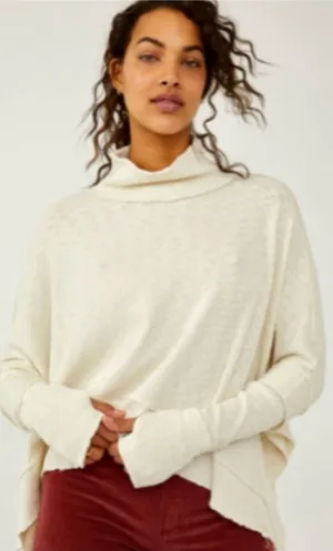 Free People Moon Daisy Thermal Mock Neck Oversized Cropped Shirt Top Women Large thumbnail 1