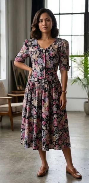 Miss Dorby Vintage 90s Floral Midi Dress L Black Purple Button‎ Front USA Made thumbnail 1