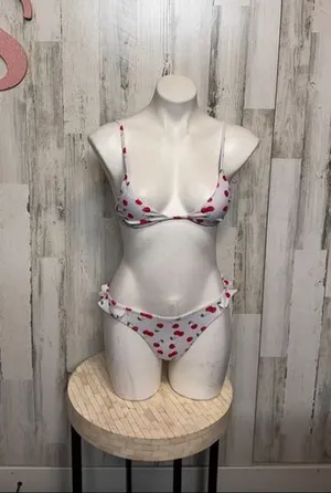 Cherry Print Bikini Set Women's Two Piece Ruffle Bottoms Adjustable Straps Size White thumbnail 1
