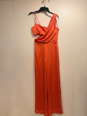 AMUR Blynn Spicy Coral Asymmetrical Pleated Drape Jumpsuit Formal Size 4 thumbnail 5