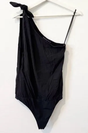 Abercrombie Bodysuit Size L Black One Shoulder Asymmetrical Tie Side Zip Capsule thumbnail 1