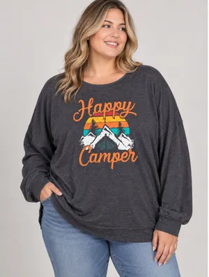 Happy Camper Graphic Sweatshirt Charcoal Grey Long Sleeve XXL Camping Hiking thumbnail 1