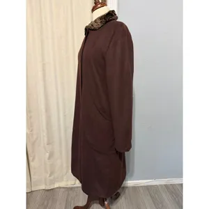 1980s Estuary Lenka K Brown Wool Blend Faux Fur Collar Longline Button Coat thumbnail 3