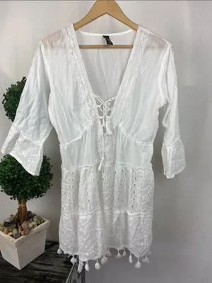 Me 2 Magic White 3/4 Sleeve Crochet Eyelet Lace Mini Dress M thumbnail 2