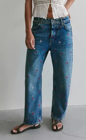 Free People We The Free Deep Trance Heart Embroidered Dropped Boyfriend Jeans thumbnail 1