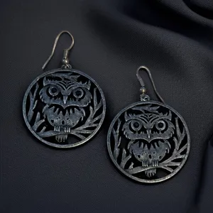 Silver tone filigree owl hoop earrings thumbnail 1