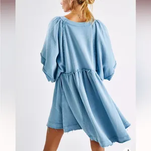 Free People Sunchild Babydoll Light Blue Tunic Sweatshirt Dress thumbnail 2