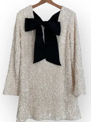 H&M White Sequin Back Black Bow Viral Mini Whimsical Dress Sz XS Holidays New Years thumbnail 10