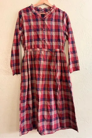 Plaid Tie-Waist Midi Dress in Red and Blue thumbnail 1