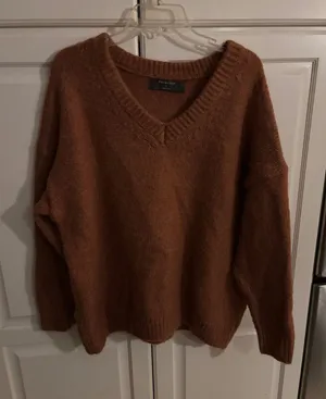 Primark Womens‎ Rust Brown V-Neck Oversized Knit Sweater Wool Blend Pullover L thumbnail 1