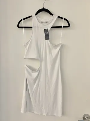 Abercrombie & Fitch Asymmetrical Cut Out Ribbed Bodycon Mini Dress in White NWT thumbnail 2