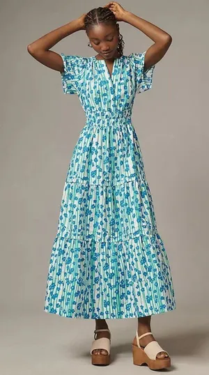 NWT Anthropologie Somerset Maxi in Blue Green Stripe Floral Cotton Tier Dress M thumbnail 1