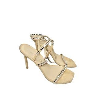 Stuart Weitzman Crystal Embellished Strappy Sandals Beige Suede Heels Size 8B thumbnail 3
