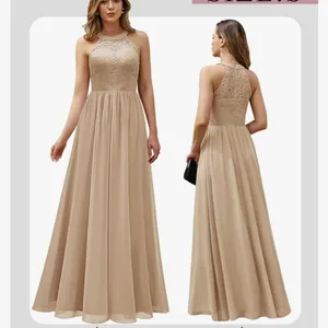 Formal cream color maxi halter Long Prom/ bridesmaid wedding dress size… thumbnail 6