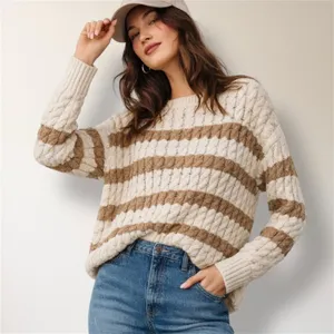 Pilcro Anthropologie M Cream Tan Stripe Cable Knit Sweater Oversized‎ Cozy Cabin thumbnail 1
