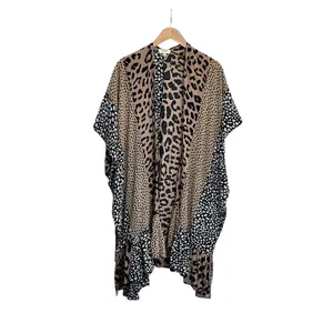 Umgee Womens‎ Leopard Patchwork Ruffle Kimono Wrap Brown Black SM thumbnail 12