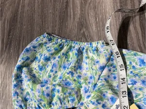 Monteau Blue & Green Floral Midi Dress with Puff Sleeves thumbnail 4