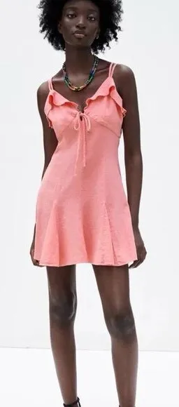 NWT Zara Coral Pink Linen Blend Mini Dress Ruffle Tie Front Size Small thumbnail 1