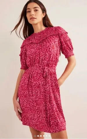 Boden Women‎ Yoke Mini Dress 14R Pink Peasant Cottagecore Prairie Floral Party thumbnail 1