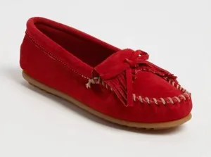 Minnetonka Red Suede Moccasin with Fringe Bow Size 5 thumbnail 1