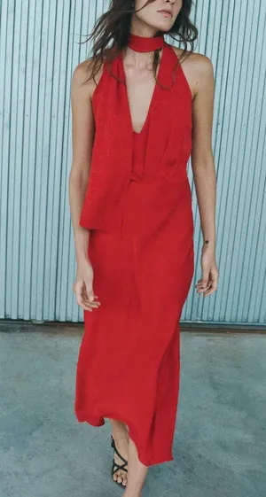 Zara midi dress Elegant Red Halter prom wedding cocktail party satin thumbnail 11