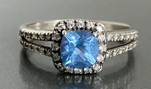 925 Sterling Silver Simulated London Blue Topaz Engagement Ring Signed AC TM thumbnail 1