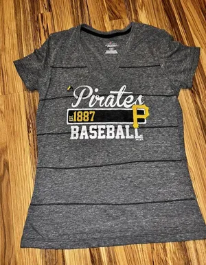 Majestic Pittsburgh Pirates‎ Women's Stripped V-neck Graphic T-shirt Sz L Large Soft Thin thumbnail 1