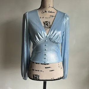 Anthropologie Flat White Shine Blue Iridescent Blouse Size XS NWT thumbnail 4