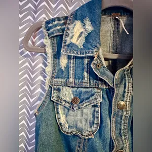 Free People | "Moody Macrame" distressed denim vest with a crochet back, size XS thumbnail 6