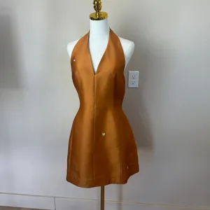 Romy Copper Halter Mini Cocktail Dress MEDIUM Satin Party Backless Designer $310 thumbnail 8