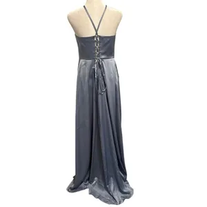 NEW Azazie Size A 14 Maksim Stretch Satin Maxi Dress Dusty Blue Bridesmaid thumbnail 4