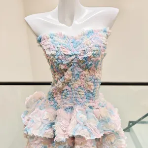 Women Pastel Strapless Mini Dress 3D Floral Ruffle Tiered Skirt Smocked Bodice Twisted Front thumbnail 2