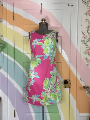 Lilly Pulitzer Delia Hotty Pink Lemonade Shift Mini Cotton Dress Sz 8 🧡🎀 thumbnail 3